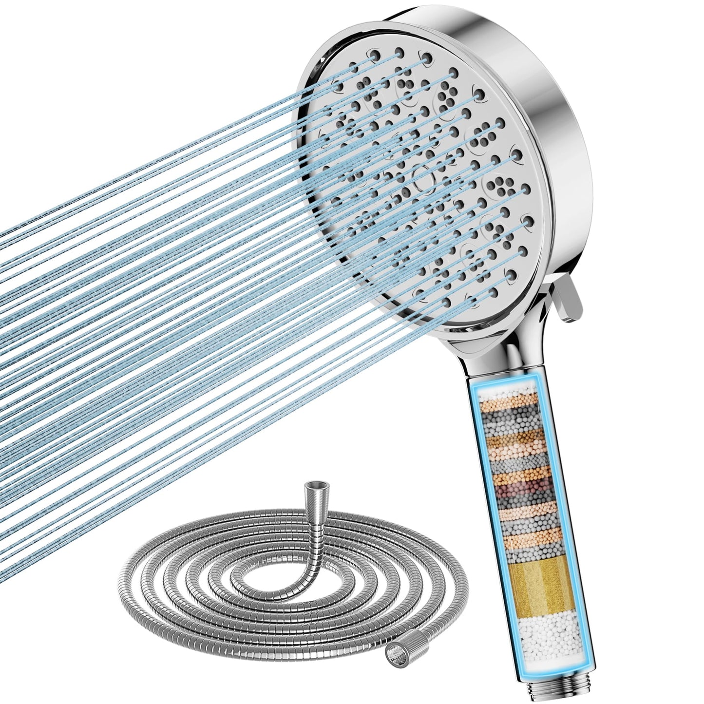 Duschkopf mit Filter, Hochdruck Handbrause mit Schlauch, 6 Strahlarten, Wassersparend, 20-Schicht Filtration, Ideal für Hartes Wasser, entfernt Rest-Chlor, Bakterien und Schwermetalle