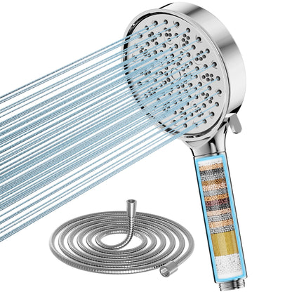 Duschkopf mit Filter, Hochdruck Handbrause mit Schlauch, 6 Strahlarten, Wassersparend, 20-Schicht Filtration, Ideal für Hartes Wasser, entfernt Rest-Chlor, Bakterien und Schwermetalle