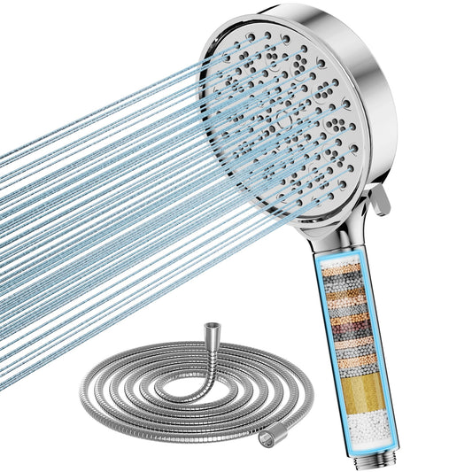 Duschkopf mit Filter, Hochdruck Handbrause mit Schlauch, 6 Strahlarten, Wassersparend, 20-Schicht Filtration, Ideal für Hartes Wasser, entfernt Rest-Chlor, Bakterien und Schwermetalle